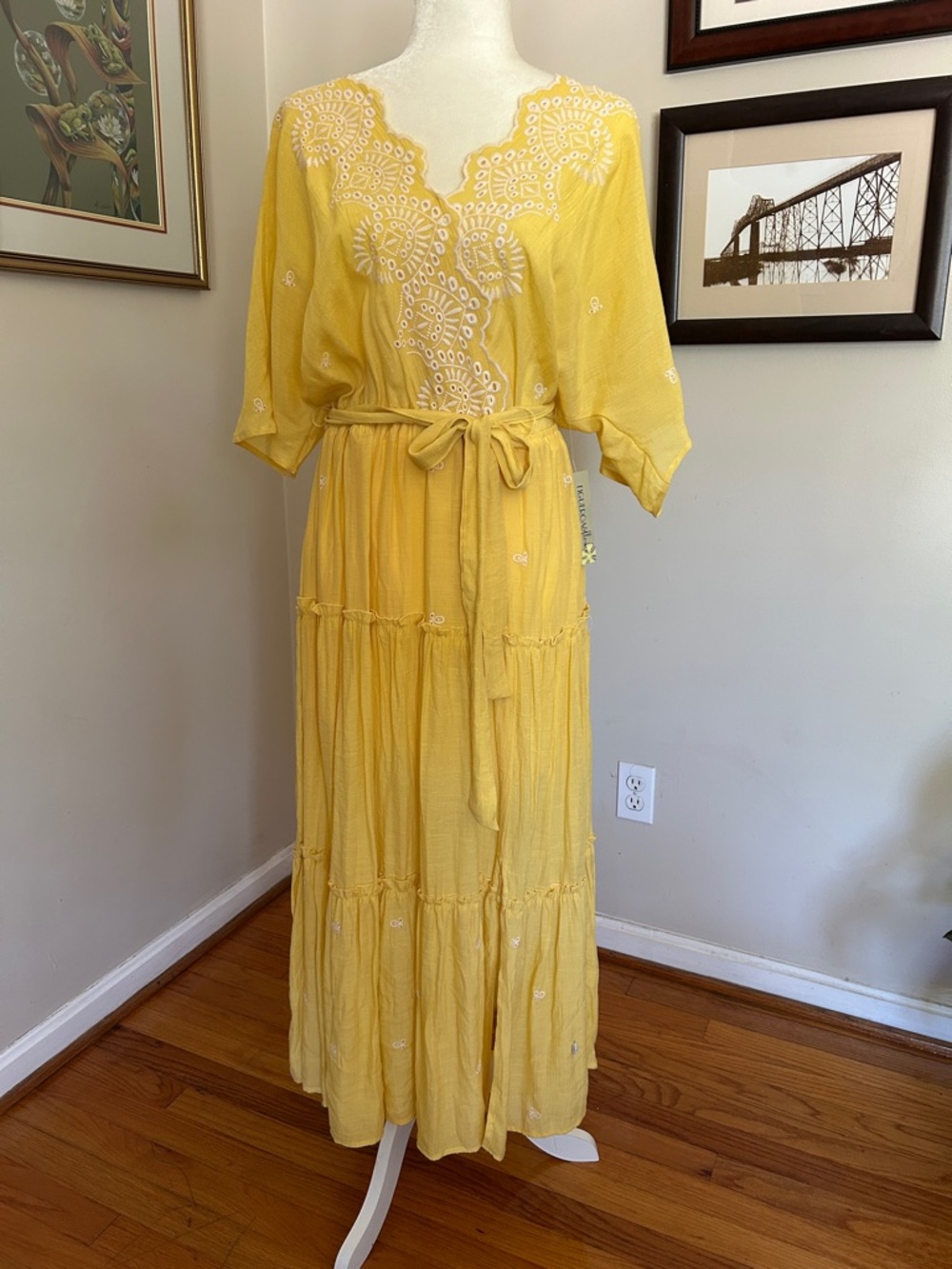 Yellow Embroidered Tie-Waist Maxi Dress